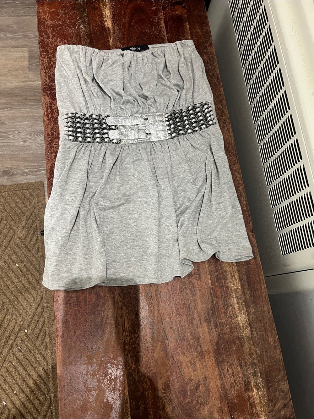Sky Light Gray Strapless Dress with Decorative Chain-Link Waistband